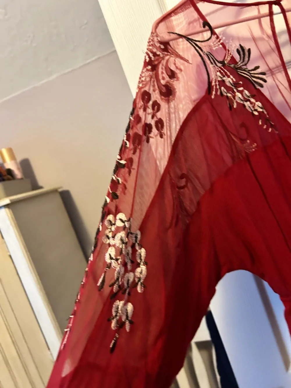 Free People Burgundy Red Embroidered Mesh Sleeve Mini Dress - Picture 8 of 13